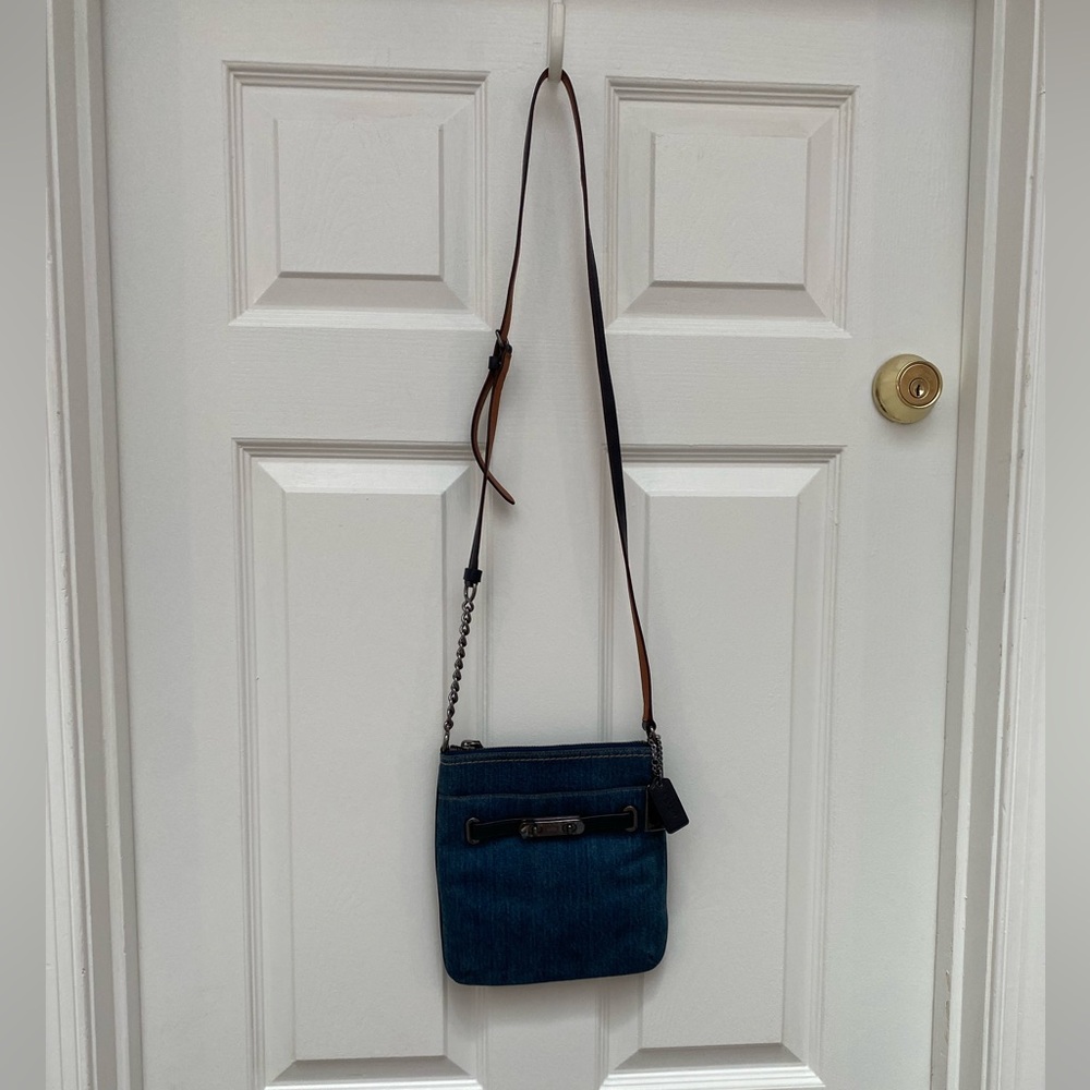 Coach Denim & Leather Blue Crossbody w Leather-and-Chain  Adjustable Strap - Picture 2 of 12